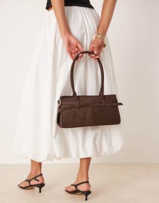 Gina Tricot Faux Suede Buckle Bowling Shoulder Bag With Long Handles In Brown