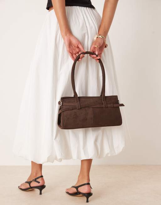 Gina Tricot faux suede buckle bowling shoulder bag with long handles in dark brown