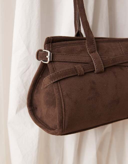 Gina Tricot faux suede buckle bowling shoulder bag with long handles in dark brown