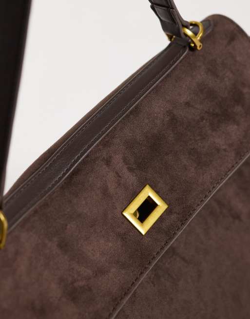 Gina Tricot faux suede flap top work tote in brown, 3 of 4