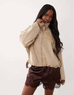 Gina Tricot faux suede high neck jacket in beige