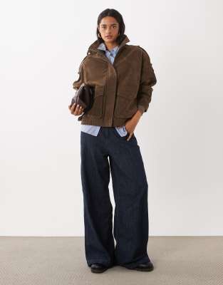 Gina Tricot Faux Suede High Neck Jacket In Brown