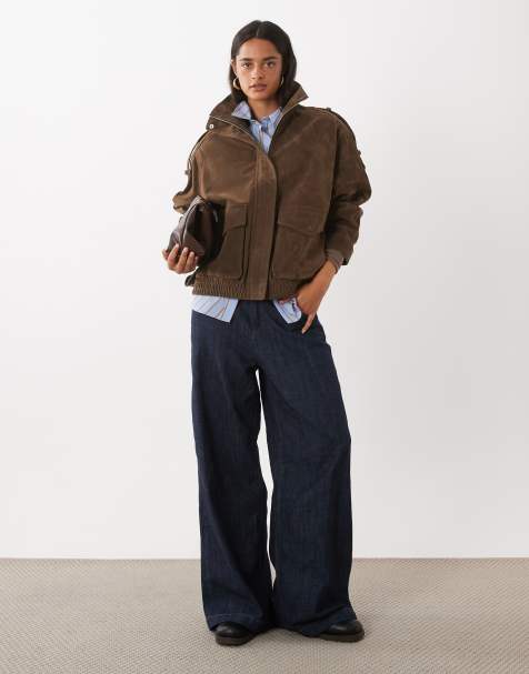 Gina Tricot faux suede high neck jacket in deep taupe brown - view 1