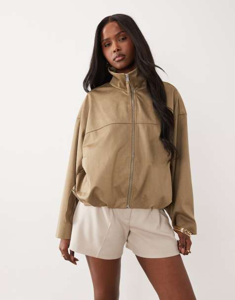 Gina Tricot faux suede high neck jacket in olive green - view 1