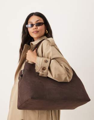 Gina Tricot Faux Suede Large Tote Bag With Buckle Belt Side Detail In Brown
