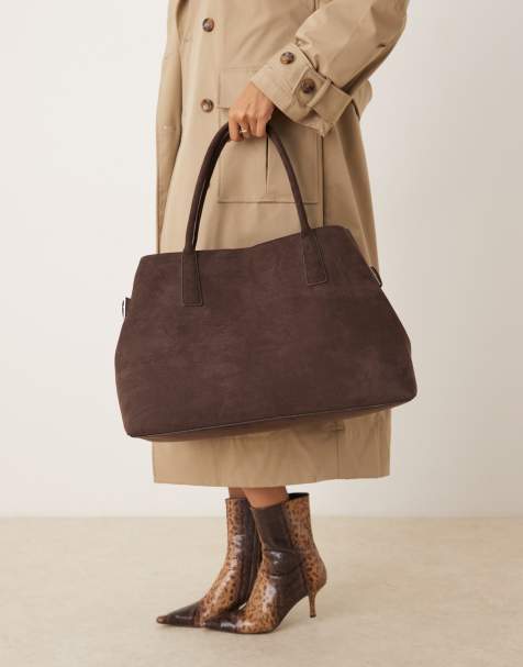 Gina Tricot faux suede large tote with buckle belt side detail in dark brown - view 1