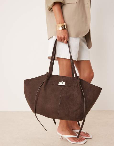 Gina Tricot faux suede medium tote bag with strap and clutch detail in dark brown - view 1