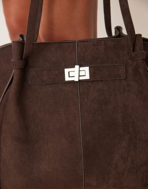 Gina Tricot faux suede medium tote bag with strap and clutch detail in dark brown, 3 of 4
