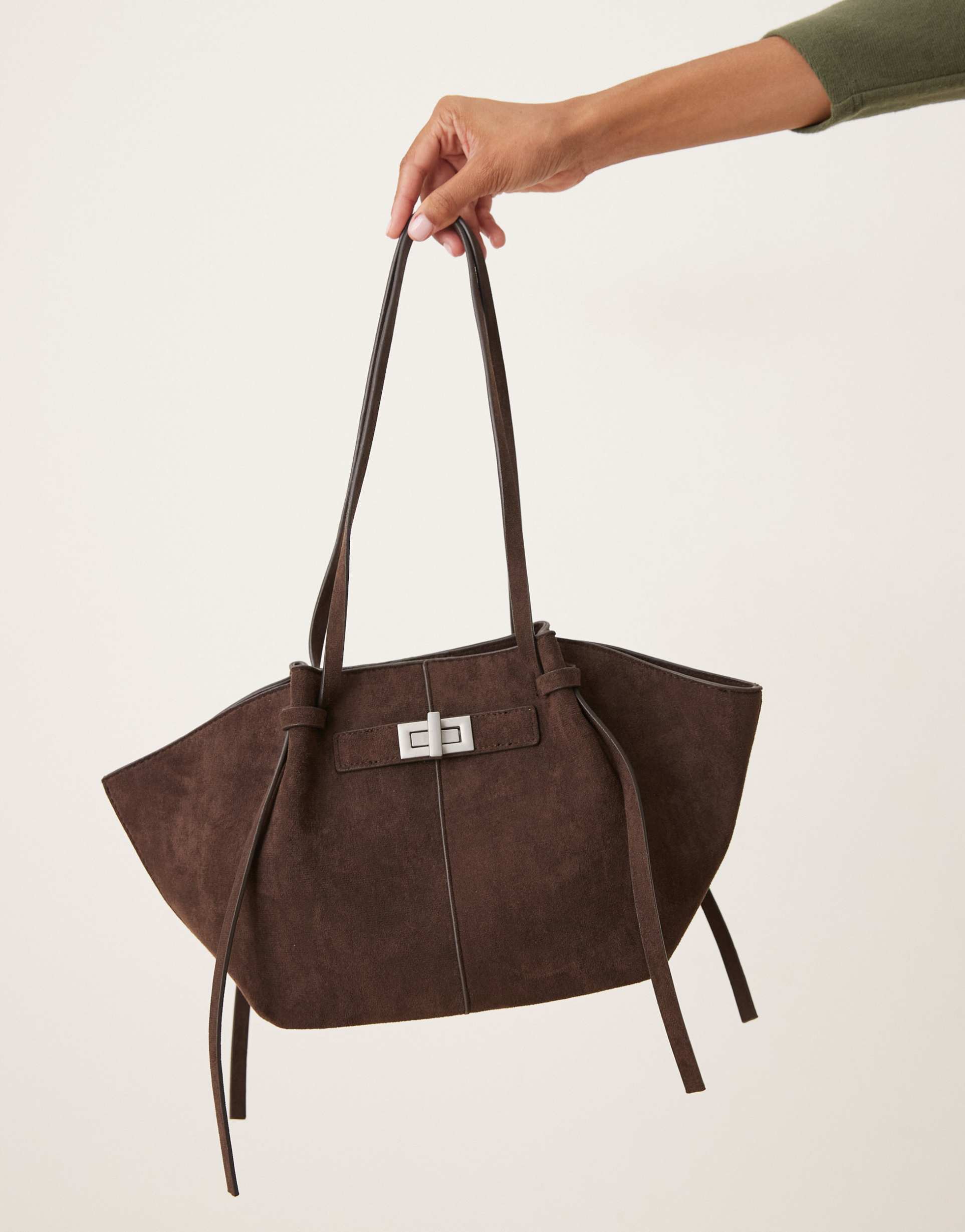 gina tricot faux suede medium tote bag with strap and clutch detail in dark brown