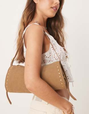 Gina Tricot faux suede oval stud shoulder bag in neutral brown