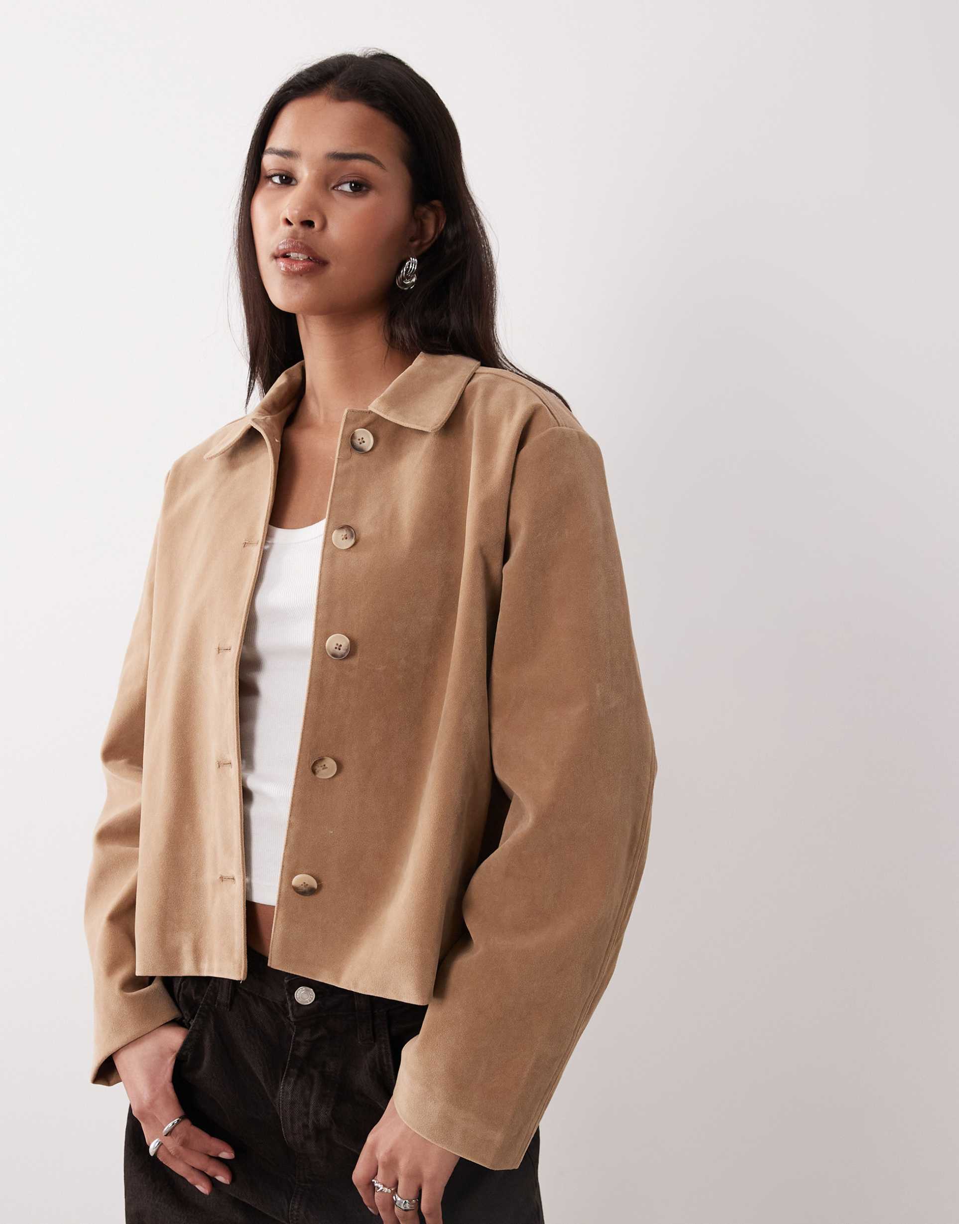 gina tricot faux suede short jacket in beige