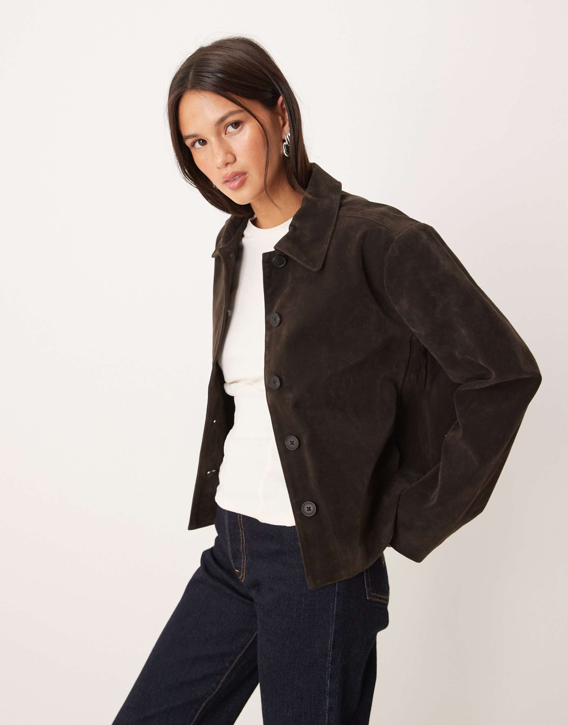 gina tricot faux suede short jacket in dark brown