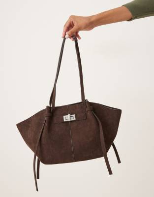 GINA TRICOT Gina Tricot faux suede small tote bag with strap and clutch detail in dark brown