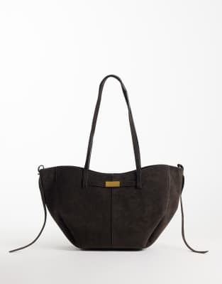 Gina Tricot Faux Suede Small Tote Bag With Strap Detail In Brown