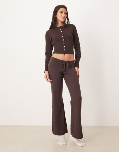 Gina Tricot – Feinstrickhose in Dunkelbraun mit geradem Bein und Tunnelzug, Kombiteil - view 1