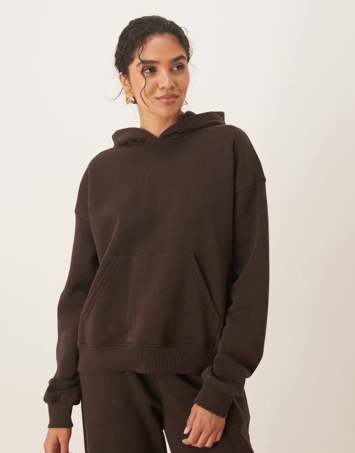 Gina Tricot - Felpa vestibilità comoda color talpa marrone scuro con cappuccio in coordinato