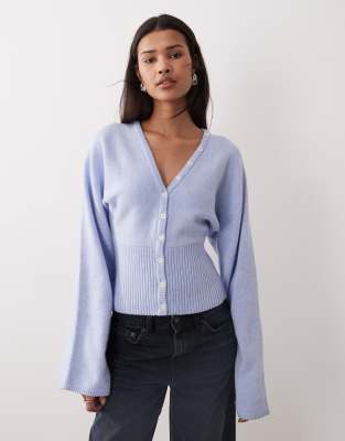 Gina Tricot Fitted Waist Knit Cardigan In Blue