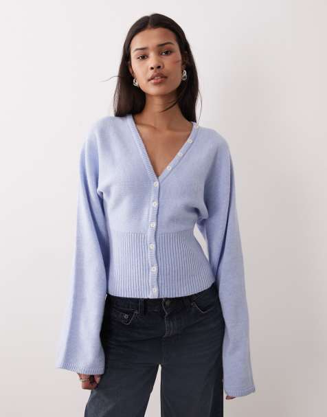 Gina Tricot fitted waist knit cardigan in light blue - view 1