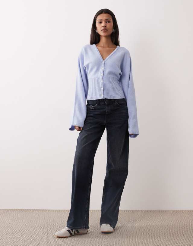 Gina Tricot fitted waist knit cardigan in light blue | ASOS