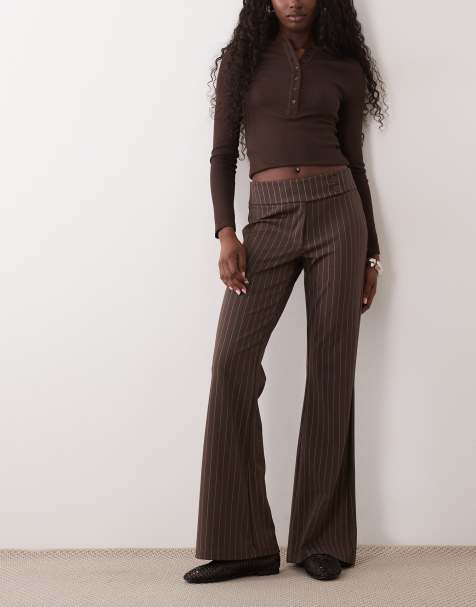Gina Tricot flared jersey pants with button waistband in brown pinstripe - view 1
