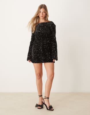 flared sleeves low back sequin mini dress in black