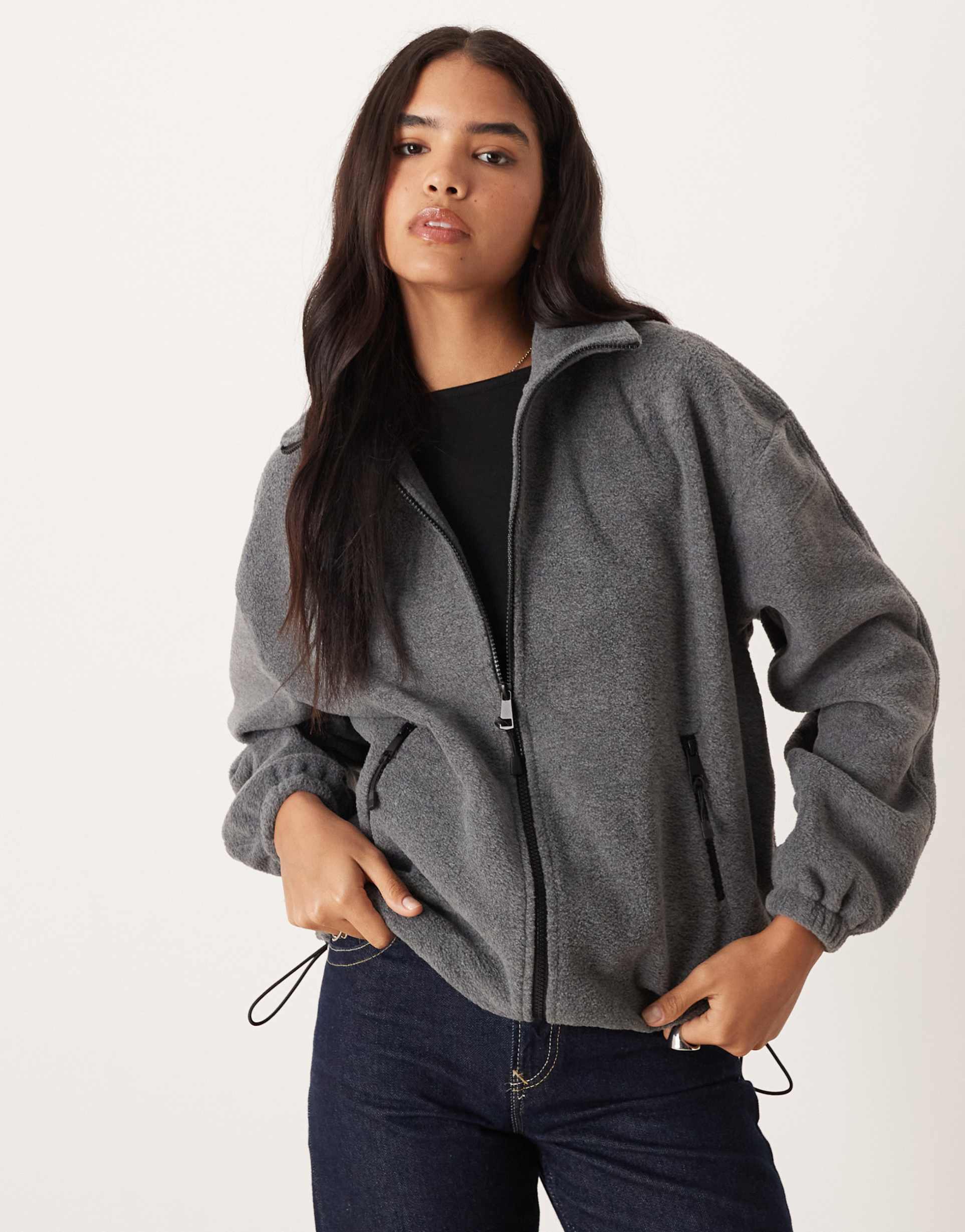 gina tricot fleece zip up jacket in dark gray