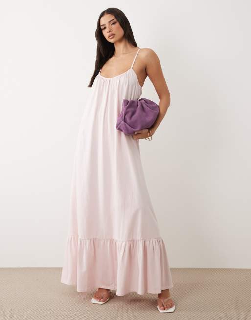 Gina Tricot – Fließendes Maxikleid aus reiner Baumwolle in Rosa mit Riemchenträgern, 4 von 4