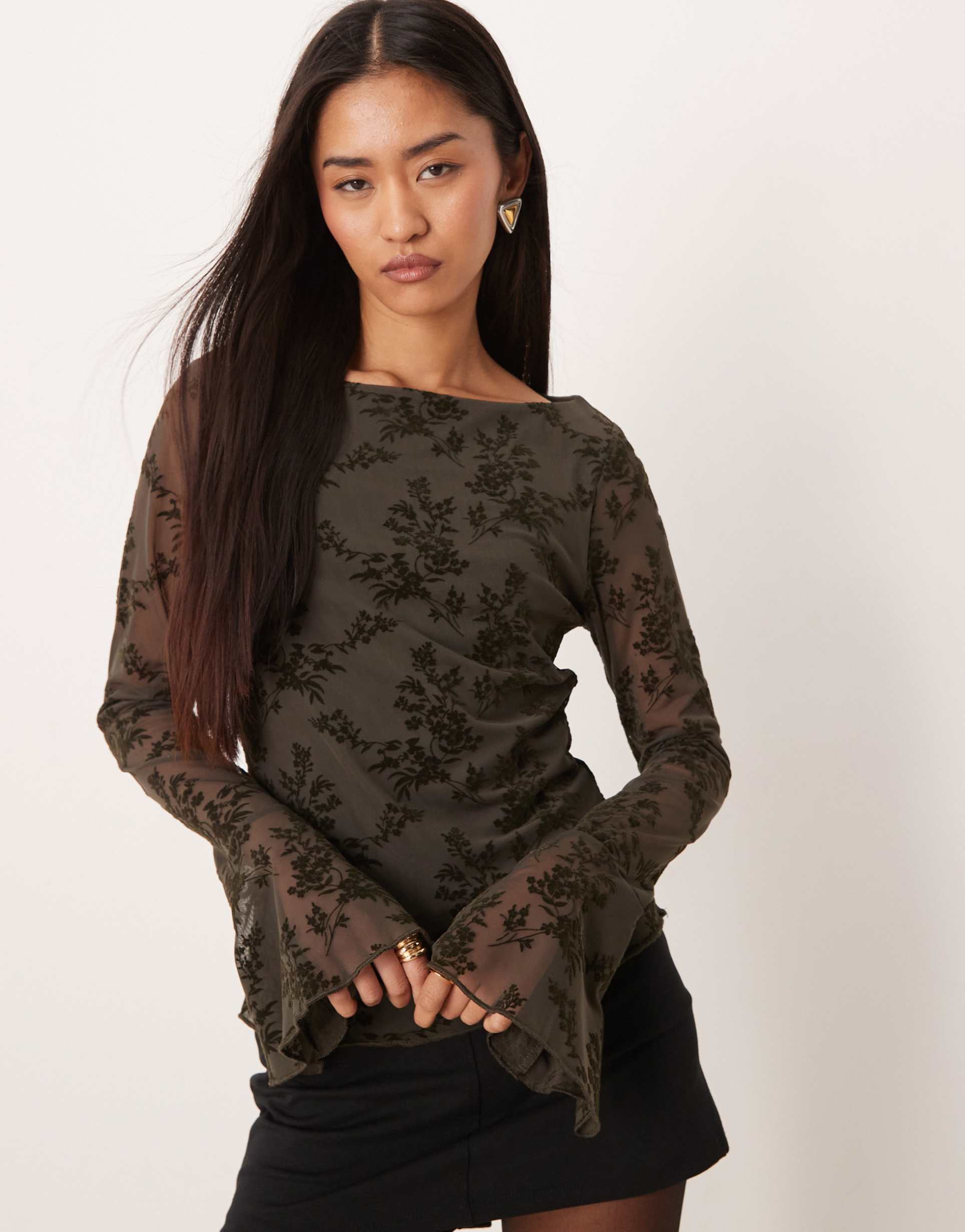 gina tricot floral flared long sleeves top in black olive