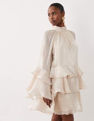 Gina Tricot flowy frill mini dress in light gold