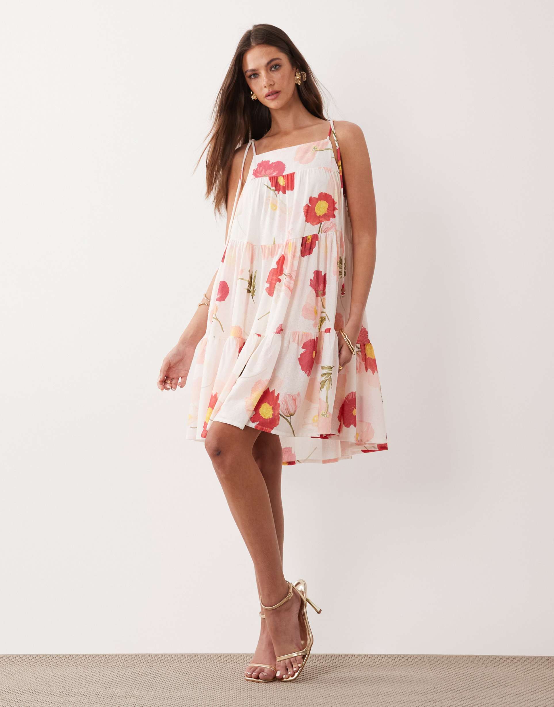 gina tricot flowy strap detail mini dress in white poppy print