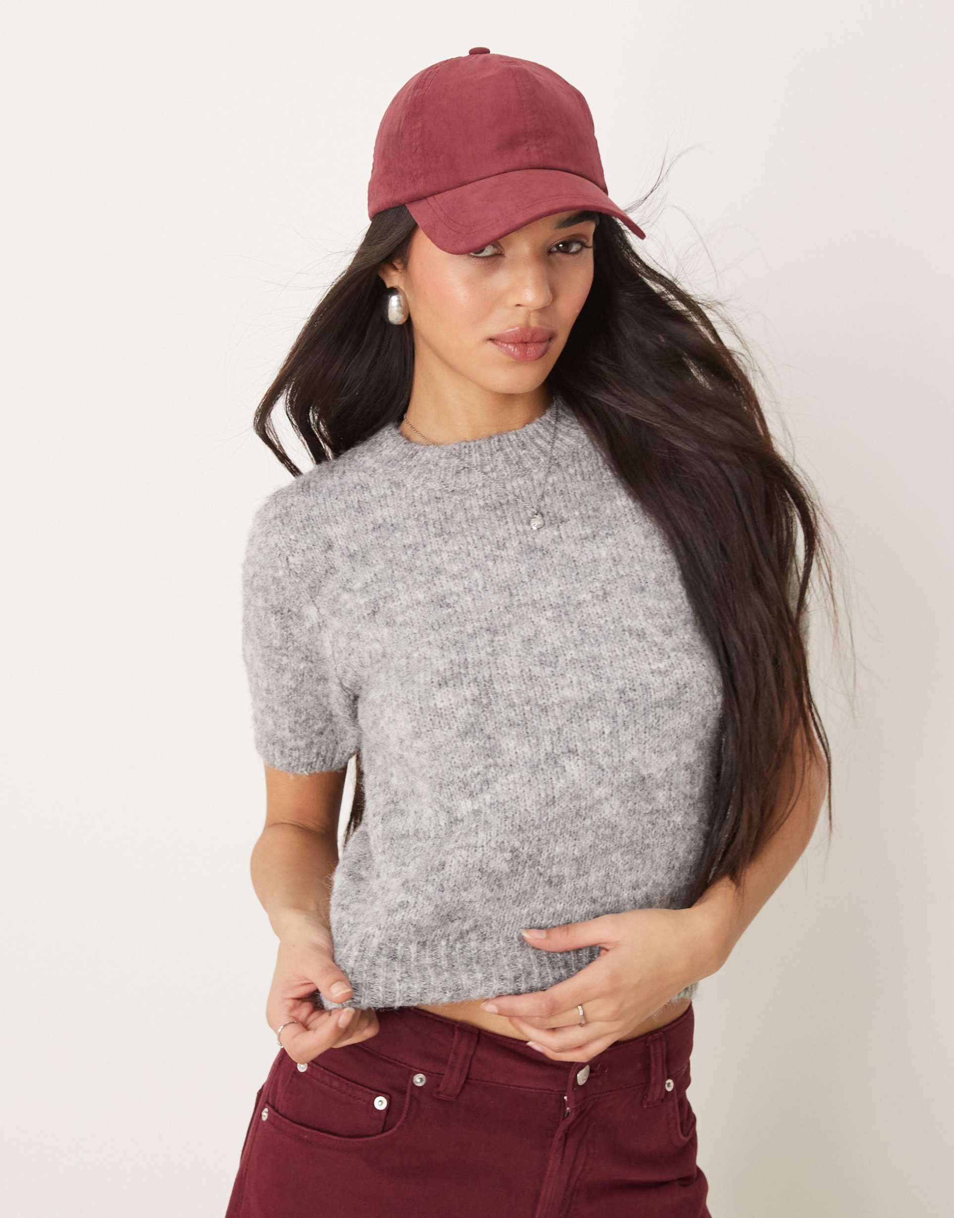 gina tricot fluffy knitted short sleeve sweater in gray melange