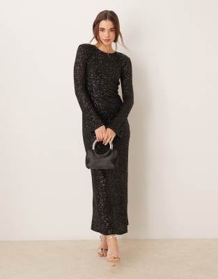 GINA TRICOT Gina Tricot fluted sleeve sequin maxi dress with open back in black