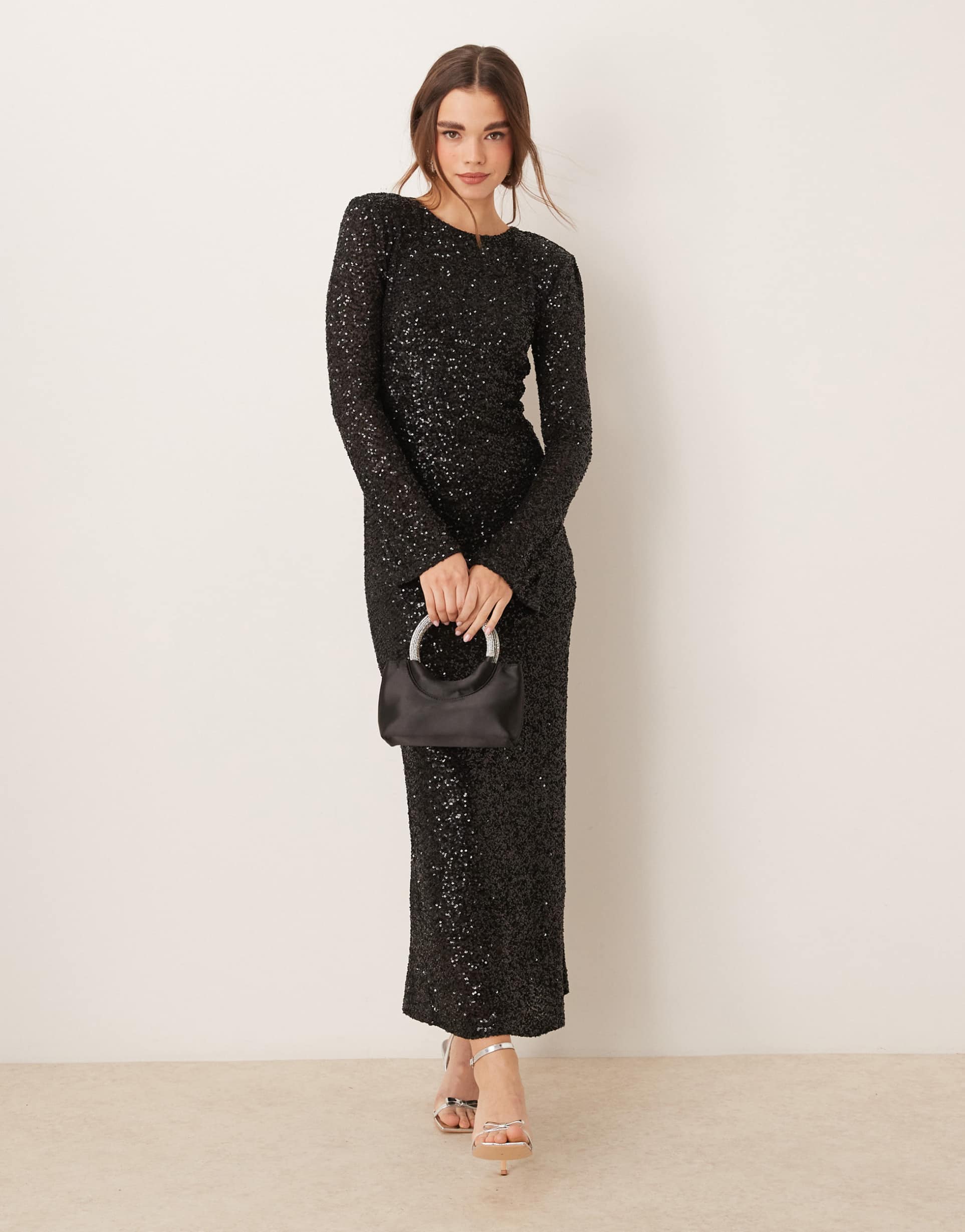 gina tricot fluted sleeve sequin maxi dress with open back in black