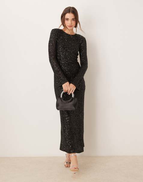 Gina Tricot fluted sleeve sequin maxi dress with open back in black