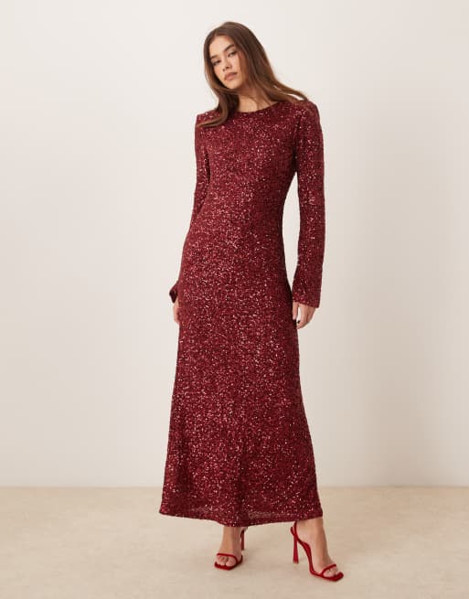 GINA TRICOT fluted sleeve sequin maxi dress with open back in dark red, 2 of 4