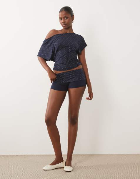 Gina Tricot fold over lounge short co-ord in navy polka - view 1