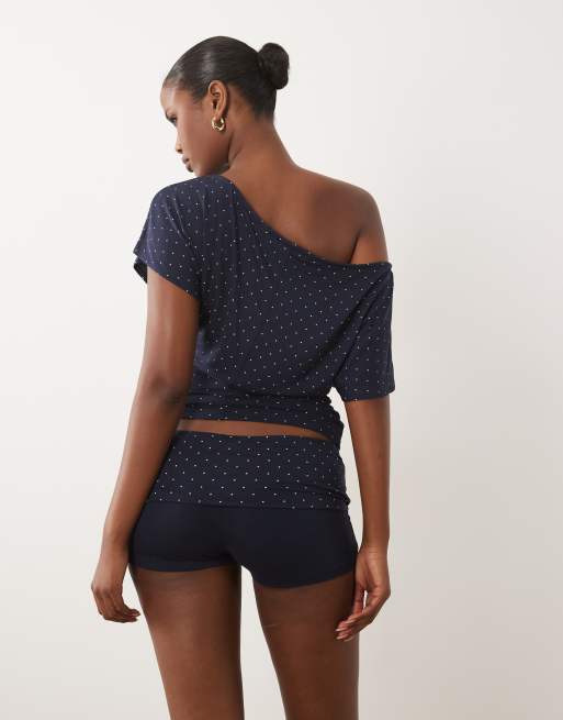 Gina Tricot fold over lounge short co-ord in navy polka, 4 of 5