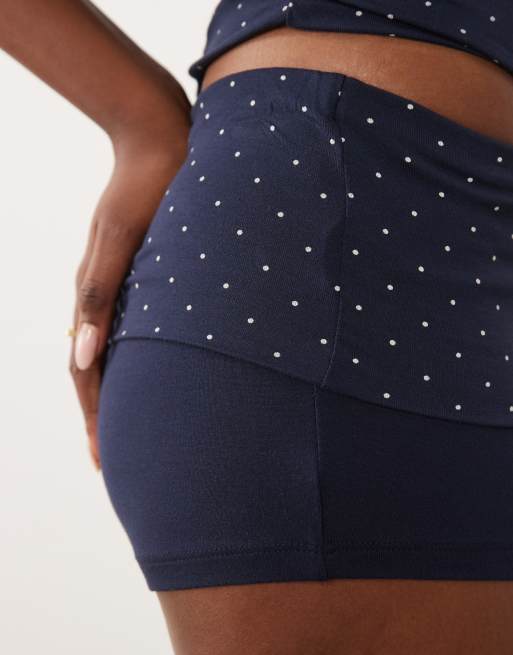 Gina Tricot fold over lounge short co-ord in navy polka, 5 of 5