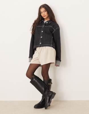 Gina Tricot Fold-up Sleeve Denim Jacket In Black