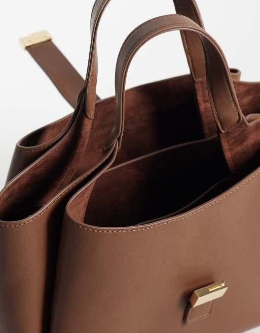 Gina Tricot folded one handle tote with buckle detail in brown, 3 of 4