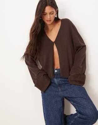 Gina Tricot Folded Sleeve Single Button Knit Cardigan In Brown