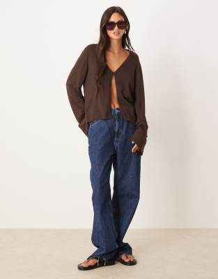 Gina Tricot Folded Sleeve Single Button Knit Cardigan In Brown