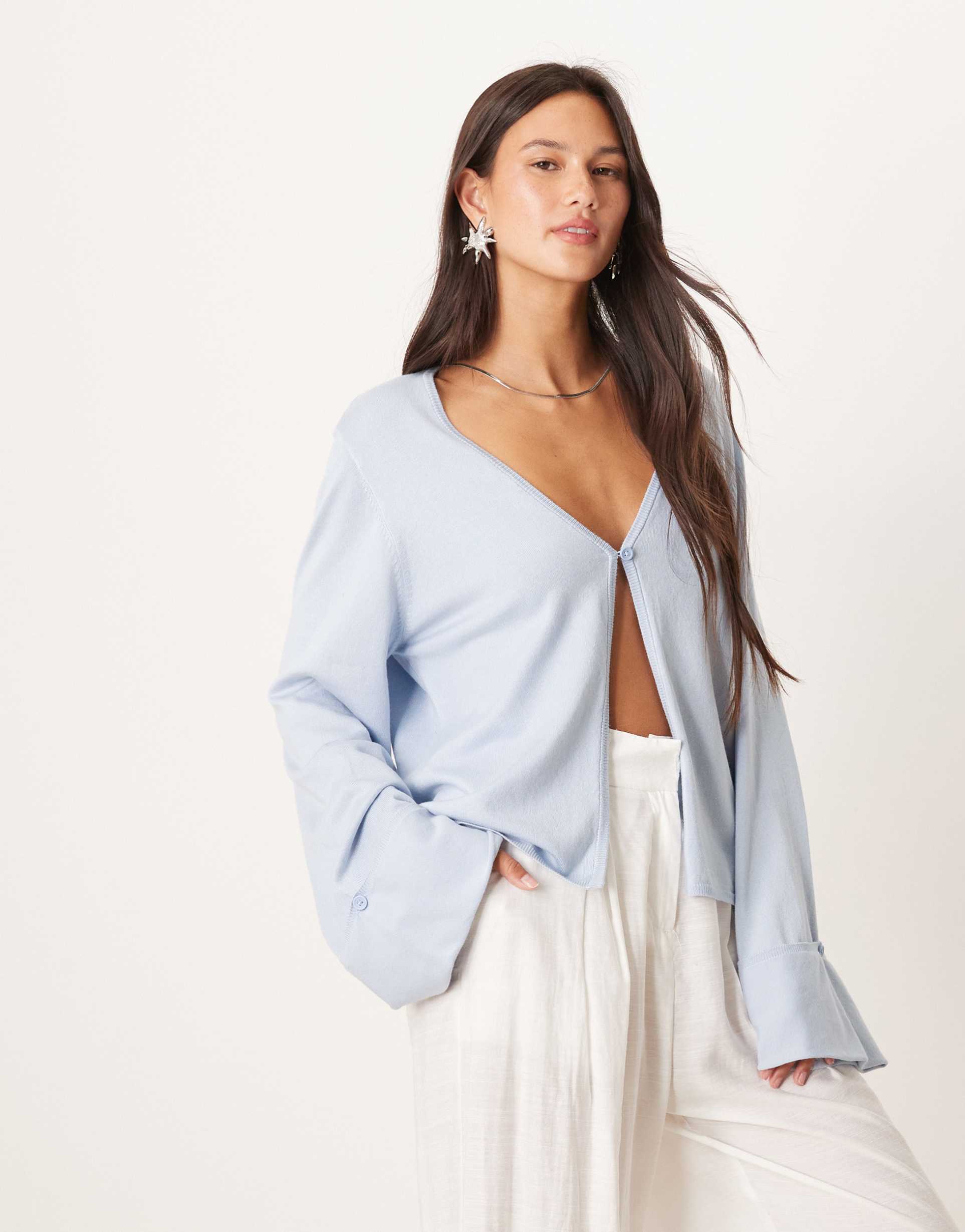 gina tricot folded sleeve single button knit cardigan in light blue