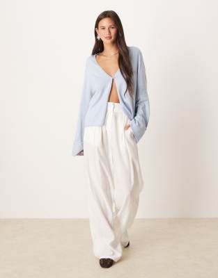 Gina Tricot Folded Sleeve Single Button Knit Cardigan In Blue