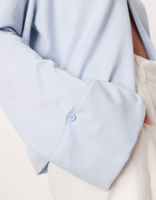 Gina Tricot folded sleeve single button knit cardigan in light blue