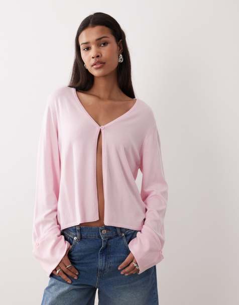 Gina Tricot folded sleeve single button knit cardigan in pink - view 1
