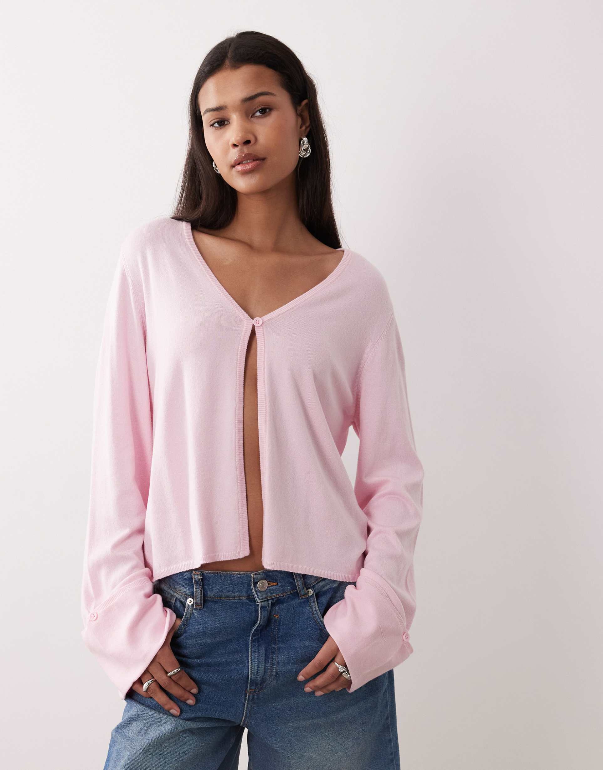 gina tricot folded sleeve single button knit cardigan in pink