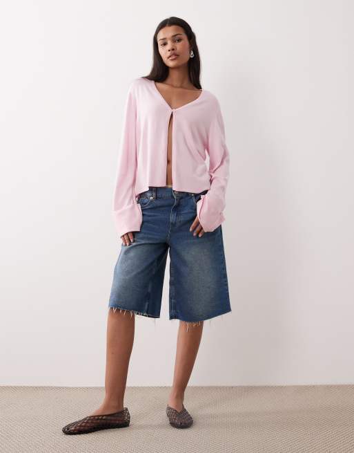Gina Tricot folded sleeve single button knit cardigan in pink, 2 of 4