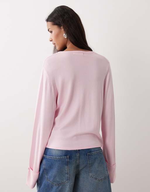 Gina Tricot folded sleeve single button knit cardigan in pink, 3 of 4