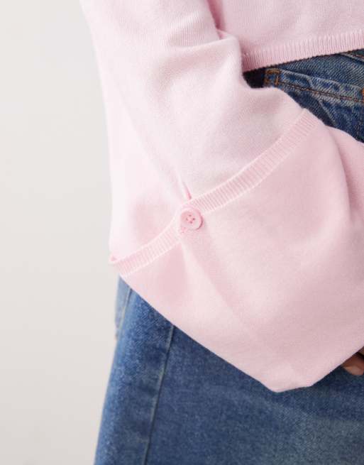 Gina Tricot folded sleeve single button knit cardigan in pink, 4 of 4